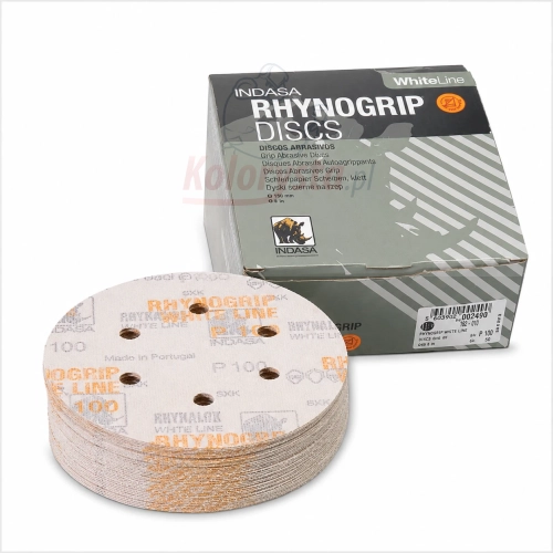 Krążki ścierne INDASA Rhynogrip White Line P100 150 mm 6 otworów 50 sztuk do szlifowania lakierów, podkładów, drewna i metalu.