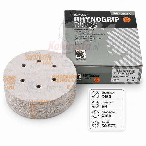 Krążki ścierne Indasa White Line Rhynogrip P100 150 mm 6H, 50 szt. Profesjonalne krążki na rzep do szlifowania podkładów, szpachli, drewna i metalu. System 6 otworów zapewnia skuteczne odsysanie pyłu i wysoką wydajność pracy.