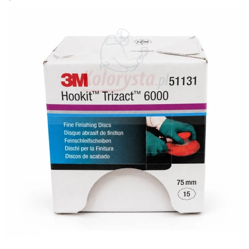 3M Hookit Trizact 6000 51131 – dyski ścierne wykańczające 75 mm do polerowania i usuwania rys, opakowanie produktu na białym tle.