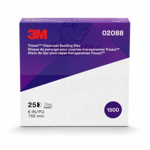 3M Trizact 02088 P1500 – krążki ścierne Hookit 150 mm, opakowanie 25 sztuk do matowania lakieru bezbarwnego na białym tle.