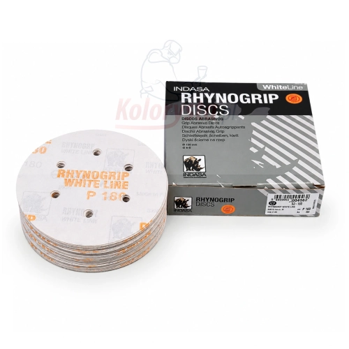 Krążki ścierne INDASA Rhynogrip White Line P180 D150 mm 6H na rzep z opakowaniem producenta. Profesjonalne dyski ścierne do szlifowania podkładów, lakierów i powierzchni metalowych oraz drewnianych.
