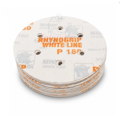 Krążki ścierne INDASA Rhynogrip White Line P180 D150 6H – komplet 50 sztuk do szlifowania lakierów, podkładów, drewna i metalu.