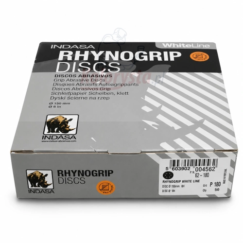 INDASA RHYNOGRIP White Line P180 – krążki ścierne na rzep D150 mm 6H, opakowanie 50 szt., profesjonalne materiały ścierne do szlifowania powierzchni przed lakierowaniem.