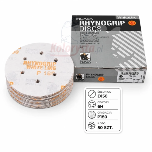 Krążki ścierne Indasa White Line Rhynogrip P180 150 mm 6H, 50 szt. Profesjonalne krążki na rzep do szlifowania podkładów, szpachli, drewna i metalu. System 6 otworów zapewnia skuteczne odsysanie pyłu i równomierne szlifowanie.