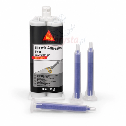Klej do tworzyw sztucznych Sika SikaForce-301 Plastic Adhesive Fast 50 ml z trzema mieszadełkami statycznymi na białym tle. Dwuskładnikowy klej do napraw elementów z tworzyw sztucznych w motoryzacji.