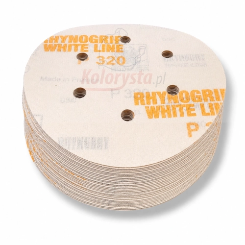 Krążki ścierne RHYNOGRIP White Line P320 z 6 otworami, ułożone w stosie na białym tle. Profesjonalne materiały ścierne do szlifowania podkładów, lakierów i powierzchni w pracach lakierniczych.