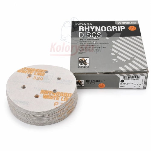 Krążki ścierne INDASA Rhynogrip White Line P320 D150 mm 6 otworów w opakowaniu oraz stos krążków ściernych na białym tle. Profesjonalne materiały ścierne na rzep do szlifowania podkładów, lakierów i powierzchni przygotowywanych do malowania.