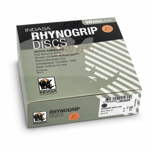INDASA Rhynogrip WhiteLine P320 – krążki ścierne Ø150 mm 6 otworów, 50 sztuk. Profesjonalne dyski na rzep do szlifowania podkładów, lakierów i szpachli w pracach lakierniczych.
