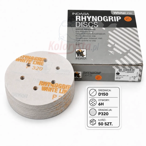Krążki ścierne Indasa White Line Rhynogrip P320 150 mm 6H, 50 szt. Profesjonalne krążki na rzep do szlifowania podkładów, lakierów, drewna i metalu. System 6 otworów zapewnia skuteczne odsysanie pyłu.