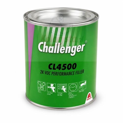 Podkład wypełniający Challenger CL4500 2K VOC Performance Filler 1L w metalowej puszce. Profesjonalny podkład lakierniczy do napraw samochodowych, na białym tle z delikatnym cieniem.