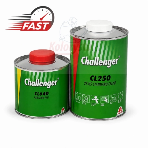 Challenger CL250 2K HS Standard Clear z utwardzaczem CL650 Standard 1,5L – komplet lakieru bezbarwnego 2K HS do napraw lakierniczych, białe tło, oznaczenie „STANDARD” w górnym rogu.