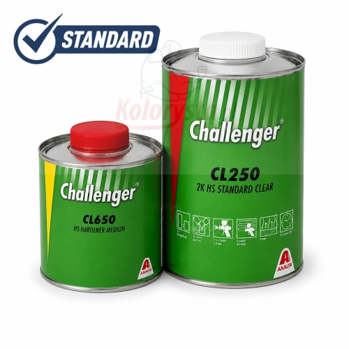 Challenger CL250 2K HS Standard Clear z utwardzaczem CL650 Standard 1,5L – zestaw lakieru bezbarwnego 2K HS z oznaczeniem STANDARD, profesjonalne opakowania na białym tle z delikatnym cieniem.