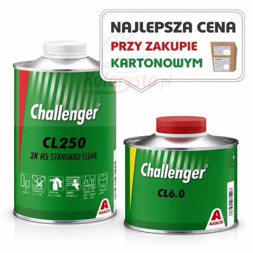 Lakier bezbarwny Challenger CL250 2K HS + utwardzacz CL6.0 zestaw, puszki na białym tle, oferta kartonowa