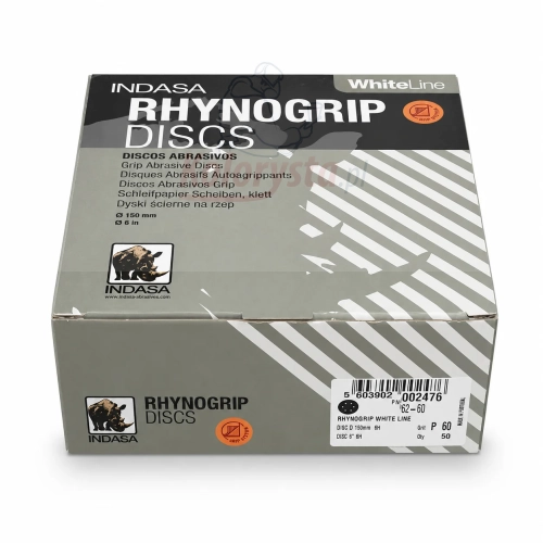 INDASA Rhynogrip White Line P60 – krążki ścierne D150 6H na rzep, opakowanie 50 sztuk do szlifowania podkładów, lakierów i szpachli.