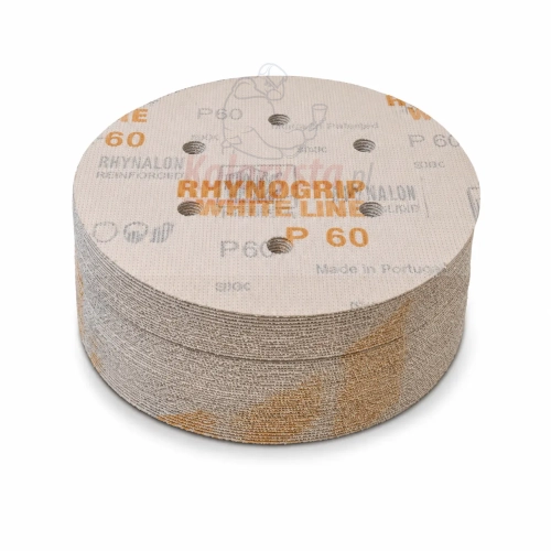 Krążki ścierne Rhynogrip White Line P60 D150 6H – zestaw papierów ściernych na rzep do szlifowania drewna, metalu, podkładów i szpachli. Trwałe krążki z 6 otworami zapewniają skuteczne odprowadzanie pyłu.