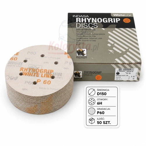 Krążki ścierne Indasa White Line Rhynogrip P60 150 mm 6H, 50 szt. Profesjonalne krążki na rzep do zgrubnego szlifowania drewna, metalu, szpachli i podkładów. System 6 otworów wspiera skuteczne odsysanie pyłu.
