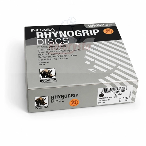 INDASA Rhynogrip White Line P240 – krążki ścierne D150 mm 6 otworów 6H na rzep, opakowanie 50 sztuk do szlifowania podkładów, lakierów i szpachli.
