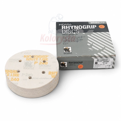 Krążki ścierne INDASA Rhynogrip White Line P240 D150 mm 6 otworów na rzep – opakowanie 50 sztuk oraz stos krążków ściernych do szlifowania podkładów, lakierów i szpachli.