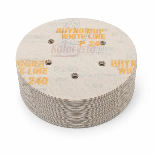 Krążki ścierne Rhynogrip White Line P240 150 mm 6 otworów – komplet krążków na rzep do szlifowania podkładów, szpachli i lakierów. Uniwersalne materiały ścierne do warsztatów lakierniczych i blacharskich.