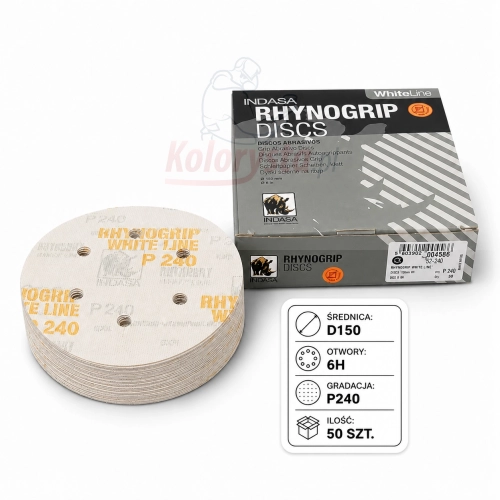 Krążki ścierne Indasa White Line Rhynogrip P240 150 mm 6H, 50 szt. Profesjonalne krążki na rzep do szlifowania podkładów, lakierów, drewna i metalu. System 6 otworów zapewnia skuteczne odsysanie pyłu.