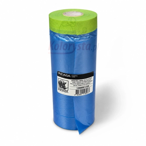 INDASA Cover Roll Blue 1200 mm x 25 m – folia maskująca z taśmą do lakierowania samochodów, profesjonalna rolka maskująca do zabezpieczania elementów podczas prac lakierniczych.