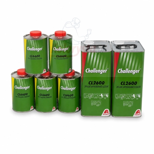Zestaw lakier bezbarwny Challenger CL2600 10L i utwardzacz CL6600 5L do systemów lakierniczych Axalta na białym tle.