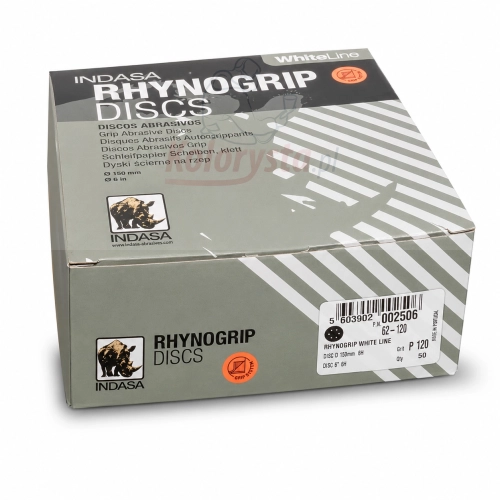 INDASA RHYNOGRIP White Line P120 – krążki ścierne na rzep D150 mm 6 otworów, opakowanie 50 szt.