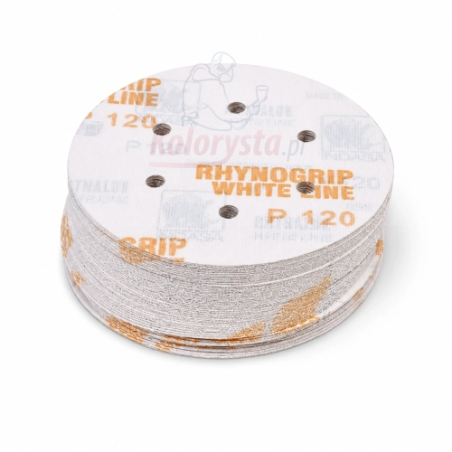 Krążek ścierny RHYNOGRIP White Line P120 150 mm 6 otworów – profesjonalny papier ścierny na rzep do szlifowania podkładów, szpachlówek, lakierów i drewna.