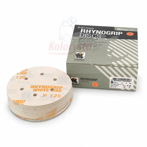 INDASA Rhynogrip White Line P120 – krążki ścierne 150 mm 15 otworów na rzep, opakowanie 50 szt. do szlifowania podkładów, szpachli, lakierów i drewna.