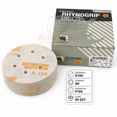 Krążki ścierne Indasa White Line Rhynogrip P120 150 mm 6H, 50 szt. Profesjonalne krążki na rzep do szlifowania podkładów, szpachli, drewna i metalu. System 6 otworów zapewnia skuteczne odsysanie pyłu.