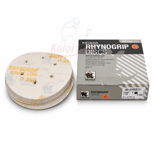 INDASA Rhynogrip White Line P360 D150 6H – krążki ścierne na rzep 150 mm, opakowanie 50 szt. z widocznym pudełkiem i stosem krążków na białym tle.