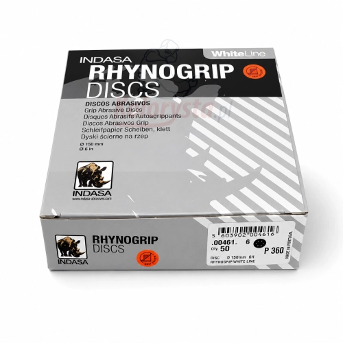 INDASA Rhynogrip White Line D150 P360 – krążki ścierne na rzep 150 mm, 6 otworów, gradacja P360, opakowanie 50 szt. Profesjonalne materiały ścierne do szlifowania podkładów, lakierów, szpachlówek i powierzchni przygotowywanych do lakierowania.