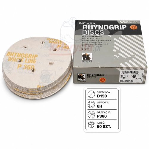 Krążki ścierne Indasa White Line Rhynogrip P360 150 mm 6H, 50 szt. Profesjonalne krążki na rzep do szlifowania międzywarstwowego, podkładów i lakierów. System 6 otworów zapewnia skuteczne odsysanie pyłu.
