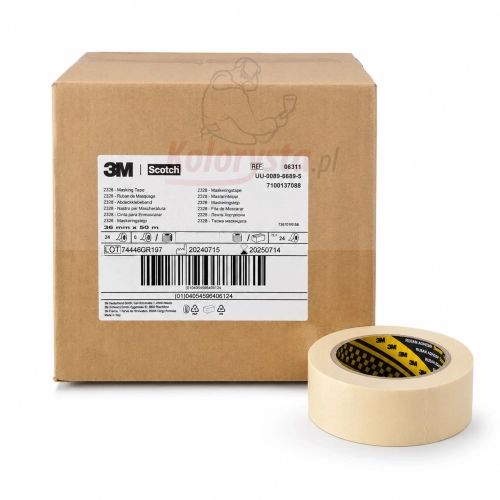 Taśma maskująca lakiernicza 3M 2328 6311 36 mm x 50 m – beżowa taśma papierowa do profesjonalnego maskowania podczas lakierowania samochodów.