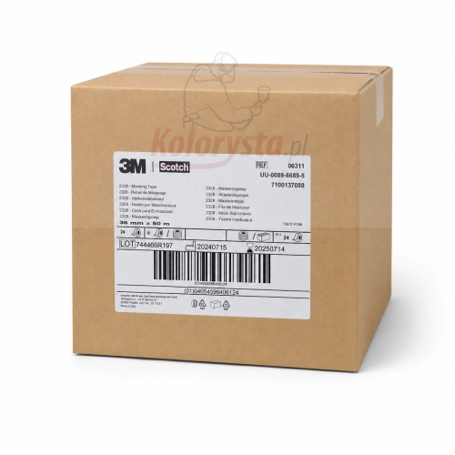 Taśma maskująca lakiernicza 3M 2328 PN06311 36 mm × 50 m – beżowa papierowa taśma maskująca Scotch do profesjonalnych prac lakierniczych, odporna na rozpuszczalniki, zapewniająca czystą linię odcięcia i usuwanie bez pozostawiania śladów kleju.