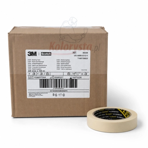 Taśma maskująca lakiernicza 3M Scotch 2328 06309 24 mm × 50 m z kartonem zbiorczym na białym tle – profesjonalna taśma do maskowania podczas prac lakierniczych.