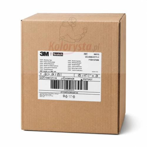 Karton zbiorczy taśmy maskującej samochodowej 3M™ Scotch 2328 48 mm × 50 m, nr katalogowy 06313. Oryginalne opakowanie producenta z etykietą identyfikacyjną zawierającą oznaczenie produktu, kod kreskowy oraz informacje logistyczne.