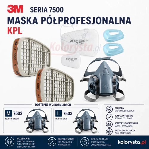 3M Seria 7500 maska półprofesjonalna komplet – rozmiar M 7502 lub L 7503, filtry 6051 A1 i 5911 P1