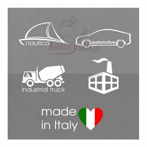 Minimalistyczna grafika ikon branżowych na szarym tle przedstawiająca zastosowanie produktów w sektorze nautica, automotive, industrial truck oraz przemysłowym. Na dole napis „Made in Italy” z sercem w kolorach włoskiej flagi.
