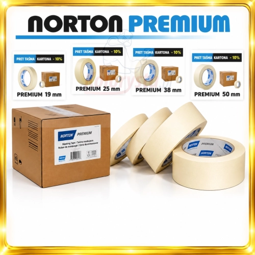 Taśmy maskujące Norton Premium w różnych szerokościach z kartonem zbiorczym – oferta hurtowa cena od