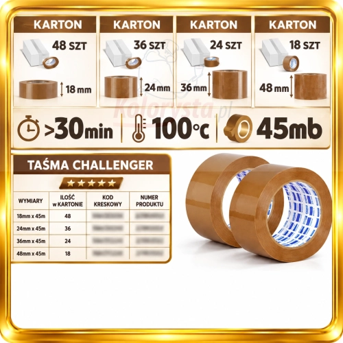 Taśma pakowa Challenger brązowa 45 mb – dostępne szerokości 18 mm, 24 mm, 36 mm, 48 mm – rolki pakowe
