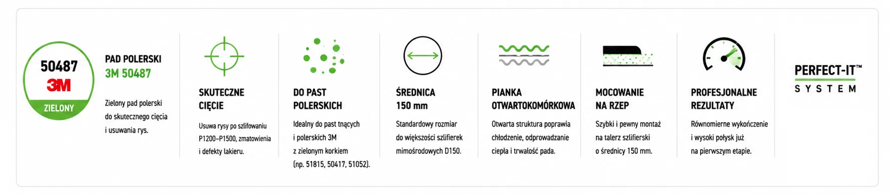 3M Perfect-It 50487 zielony pad polerski 150 mm do past polerskich i korekty lakieru samochodowego