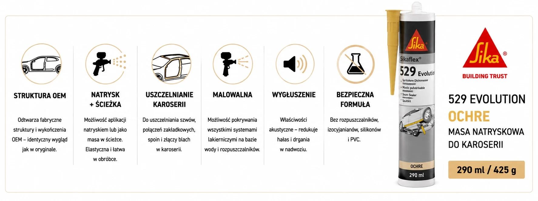 Sikaflex 529 AT Evolution OCHRE 290 ml – masa natryskowa SIKA do uszczelniania karoserii i odtwarzania struktur OEM