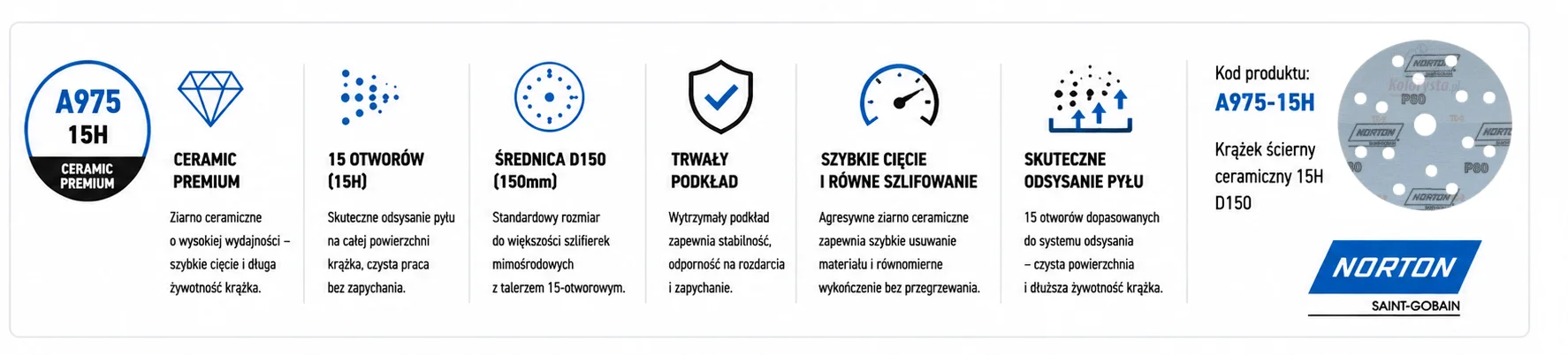 Norton Saint-Gobain A975 15H D150 krążek ścierny ceramiczny 150 mm z 15 otworami do szlifierek mimośrodowych