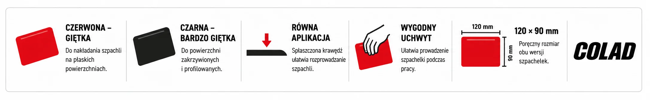 Szpachelki plastikowe COLAD 120 × 90 mm – czerwona giętka do płaskich powierzchni i czarna bardzo giętka do powierzchni zakrzywionych, spłaszczona krawędź i wygodny uchwyt