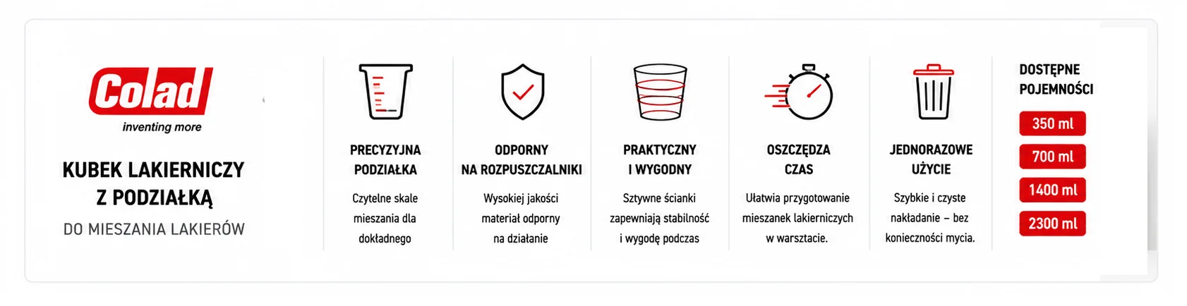 COLAD kubek lakierniczy z podziałką do mieszania lakierów, podkładów i materiałów 2K – 350, 700, 1400 i 2300 ml