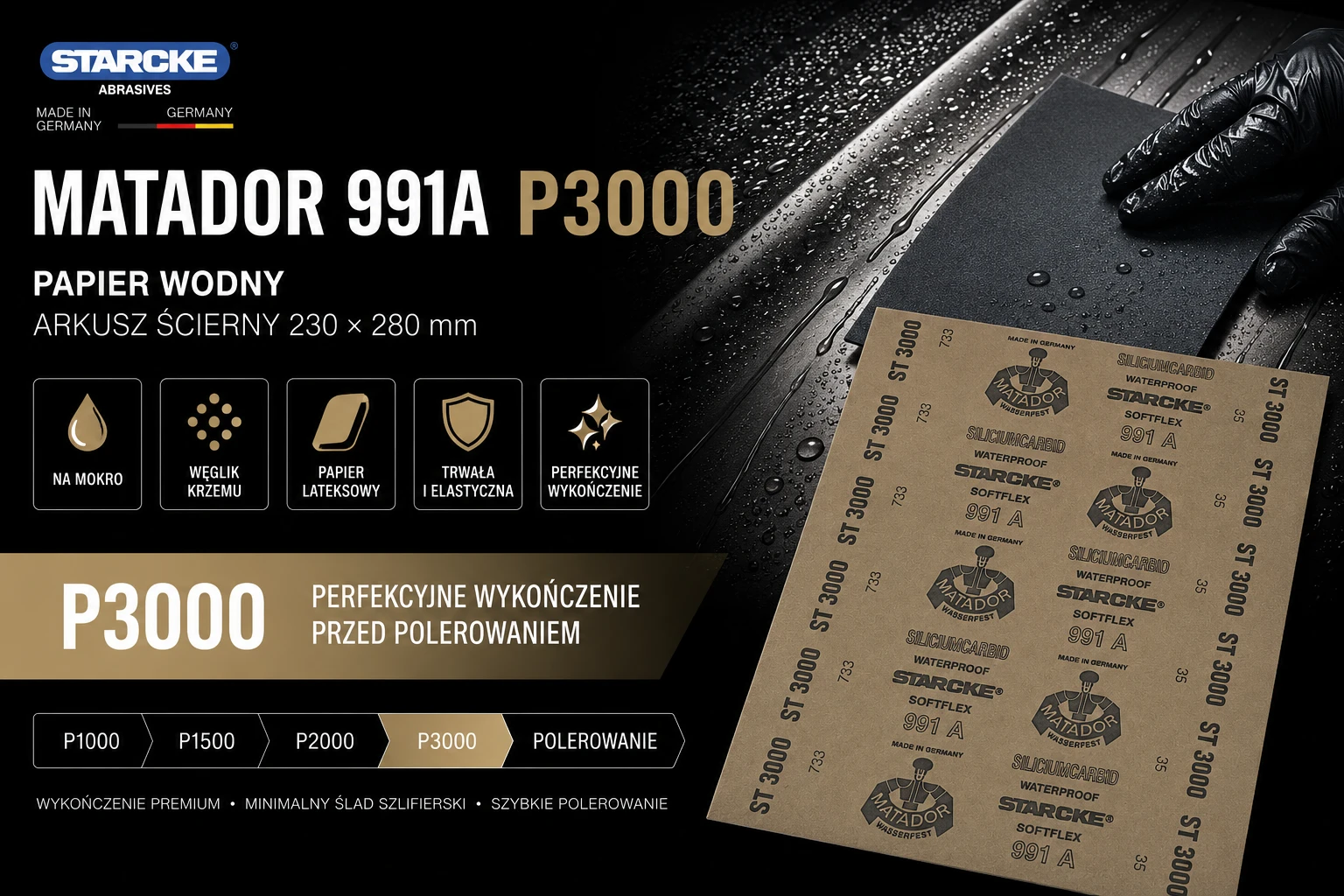 Papier wodny MATADOR 991A P3000 – arkusz ścierny do końcowego wygładzania lakieru