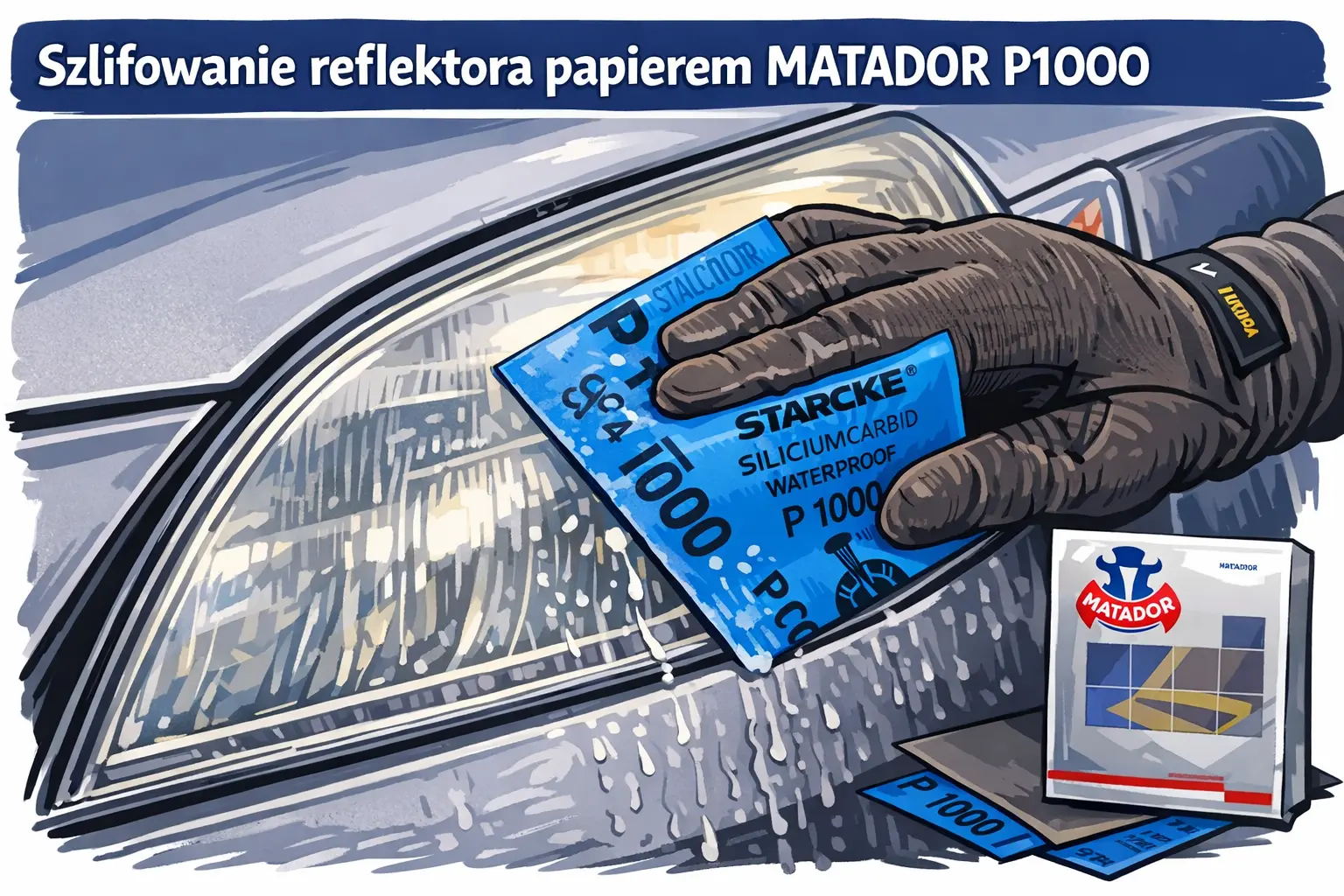 Szlifowanie reflektora samochodowego papierem wodnym Matador
