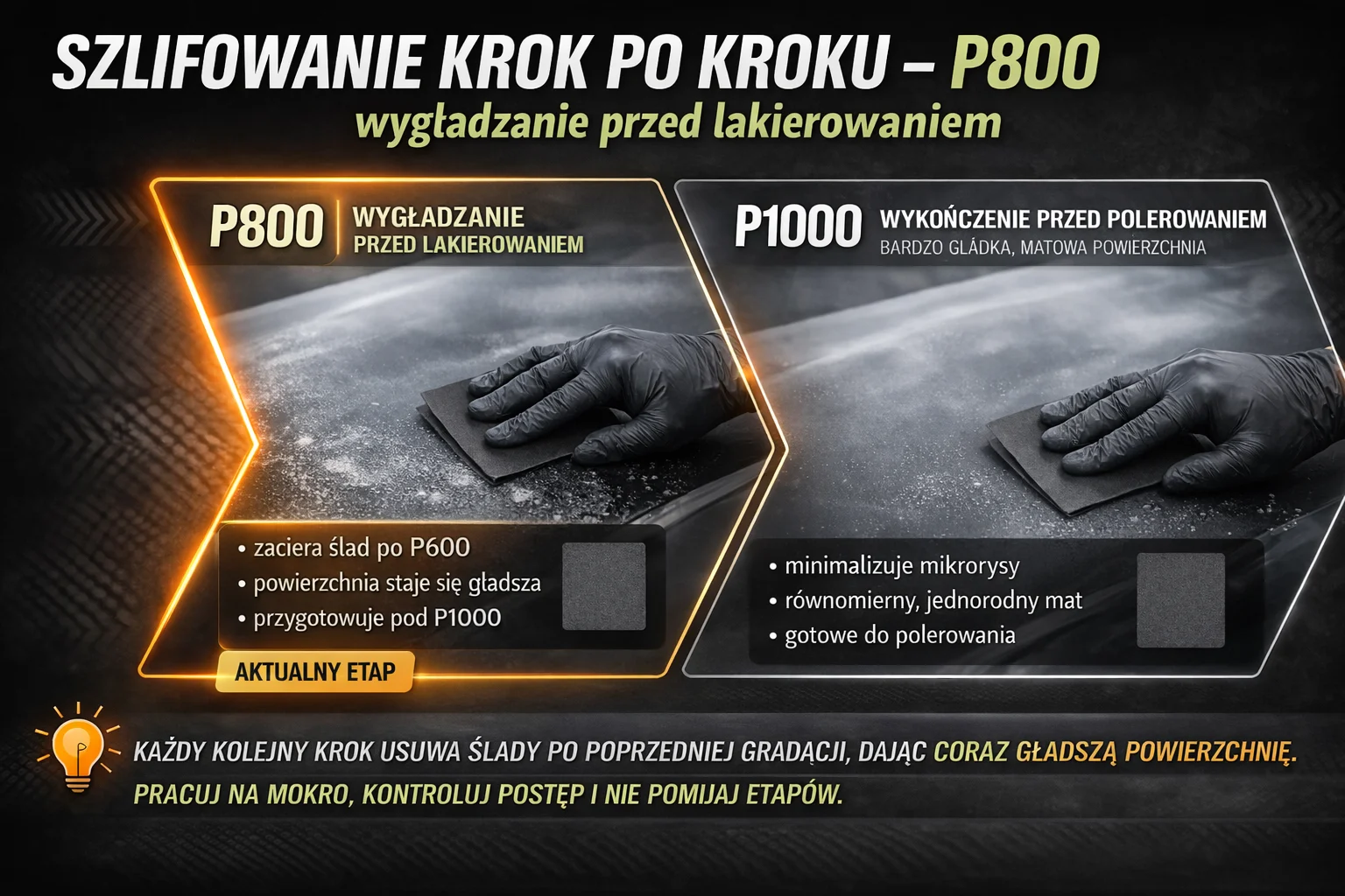 Szlifowanie papierem wodnym P800 – wygładzanie powierzchni przed lakierowaniem