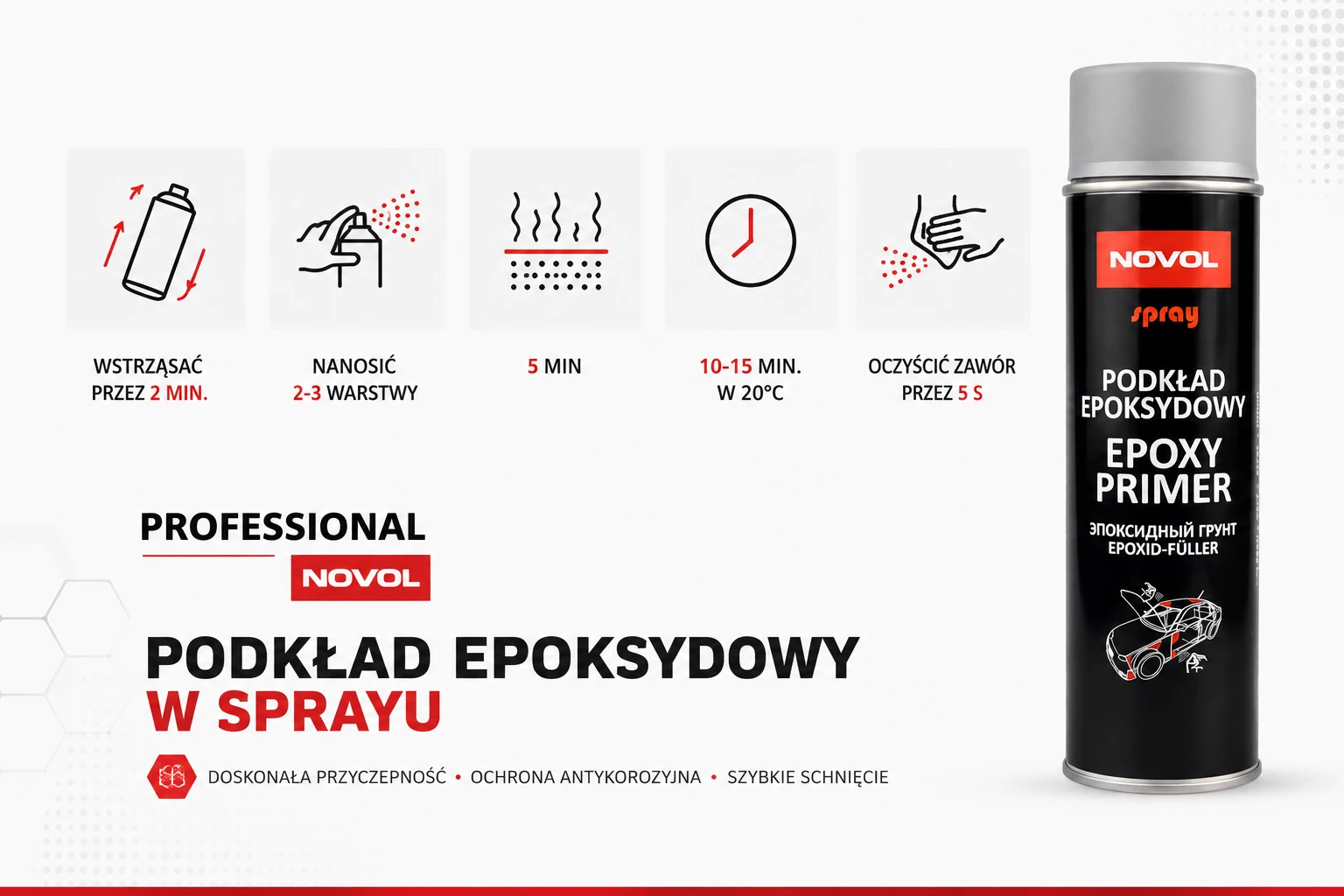 Podkład epoksydowy w aerozolu NOVOL EPOXY PRIMER 91141 NOVOL EPOXY PRIMER 500 ml – podkład epoksydowy antykorozyjny w sprayu do napraw miejscowych